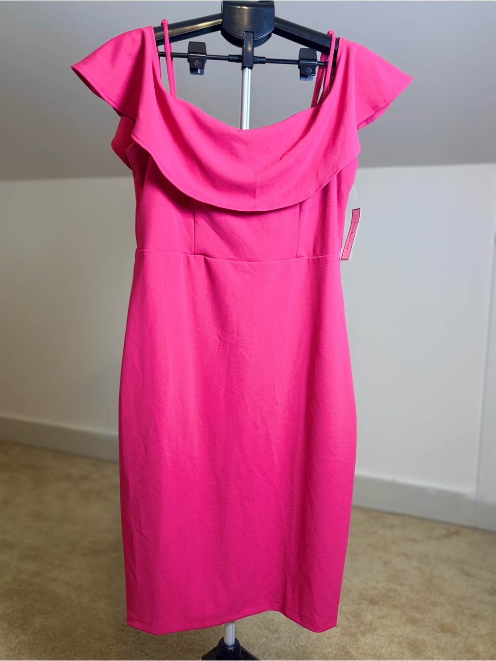 Off-Shoulder Midi Dress in Hot Pink